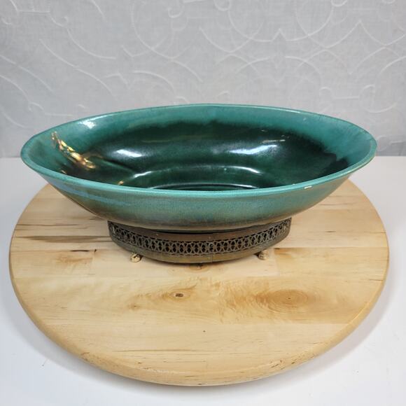 Roseville Pottery Pasadena Planter 12" Green Mid Century Modern Brass Base L-21 - Picture 4 of 12
